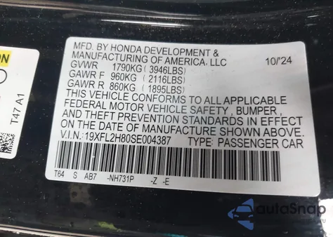 2025 Honda Civic Sedan Sport from USA, damaged, VIN 19XFL2H80SE004387